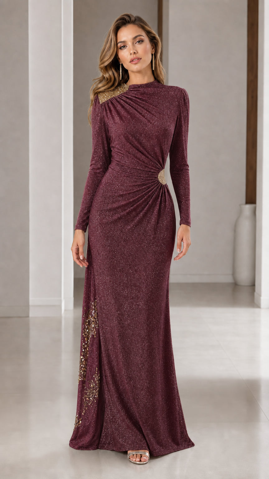 Burgundy wine long sleeve formal gown with embellished waist detail