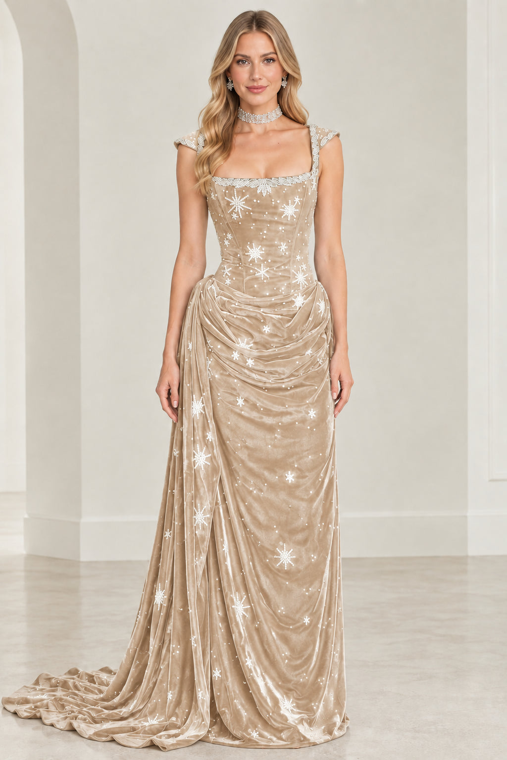 Champagne gold velvet formal evening gown with star embroidery