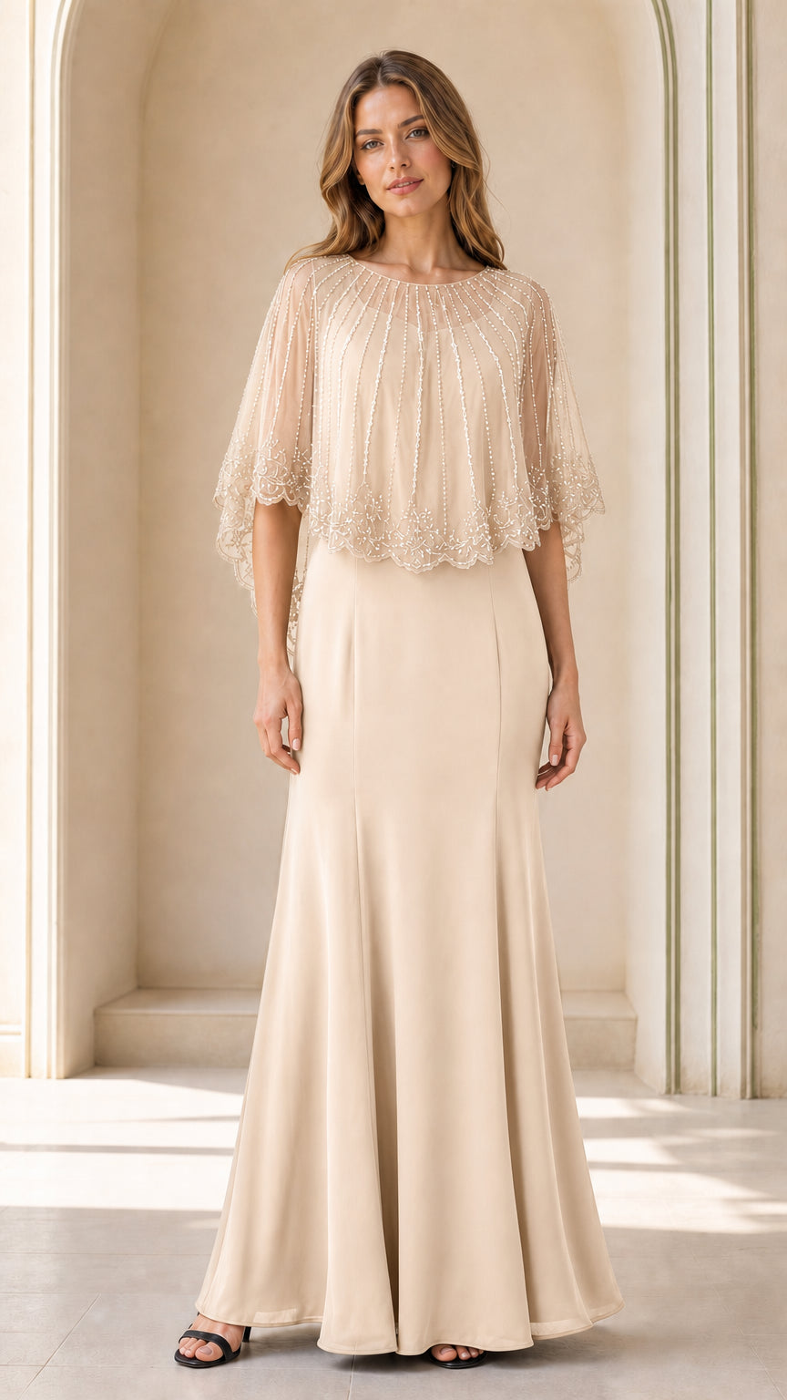 Full-length view of champagne beige beaded capelet evening dress