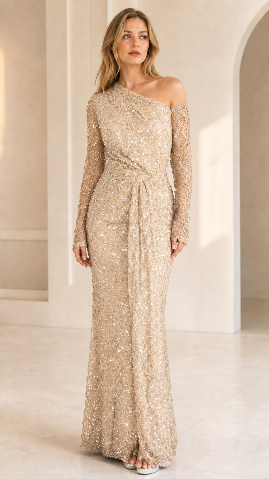 Champagne gold sequined lace asymmetrical evening dress