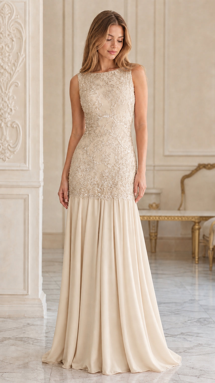 Champagne beige sleeveless formal lace bodice chiffon maxi dress