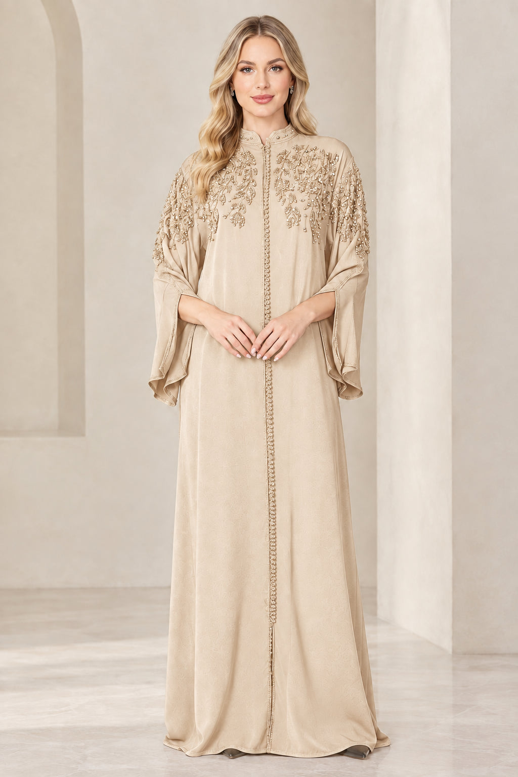 Champagne beige long sleeve embellished shoulder abaya maxi dress