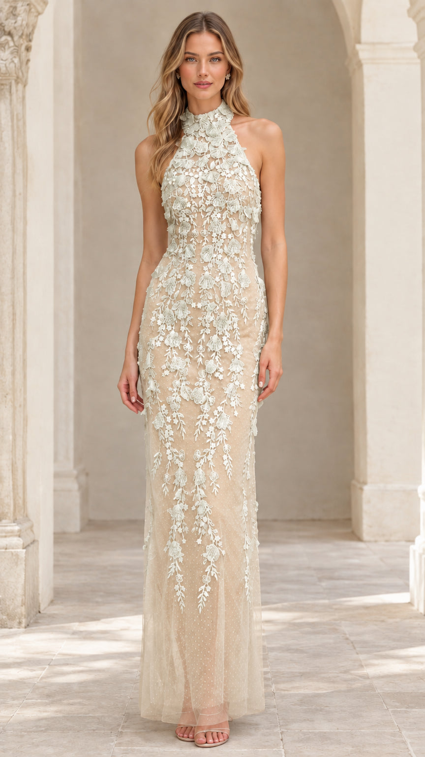 Model wearing Champagne embroidered floral halter column gown