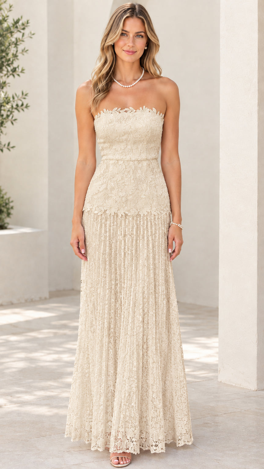 Model wearing champagne cream strapless floral lace evening maxi dress