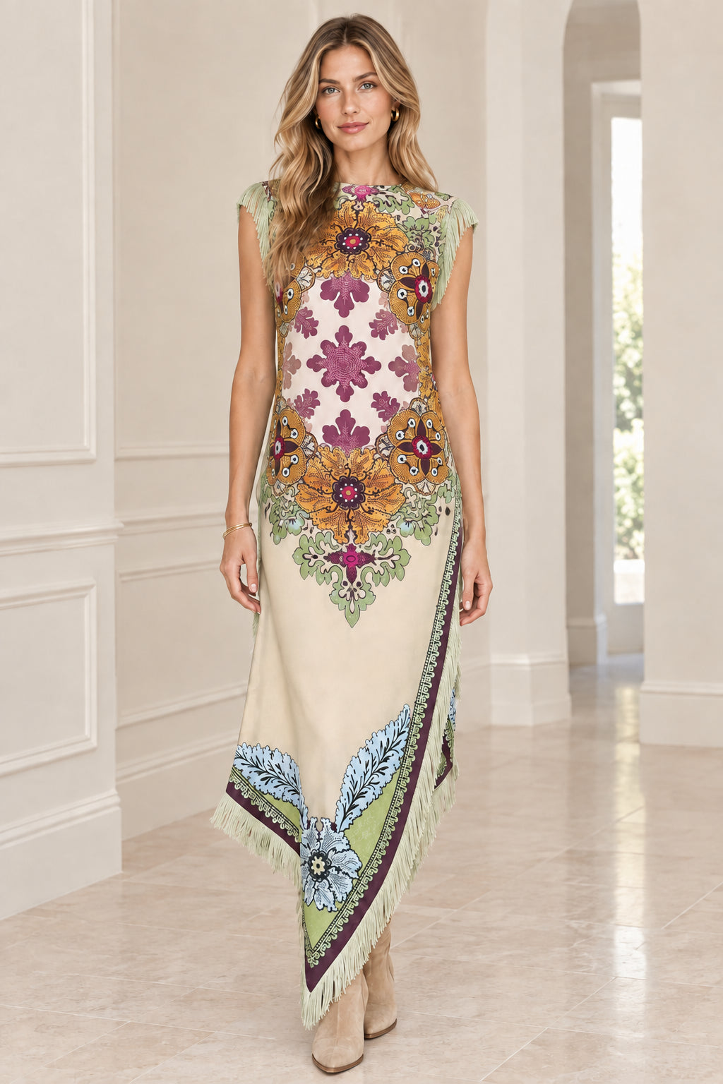 Front view of model wearing Cream medallion print fringe trim sleeveless maxi dress
