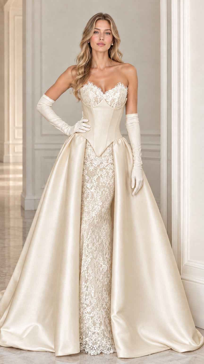 Model wearing champagne cream strapless corset evening gown with overskirt