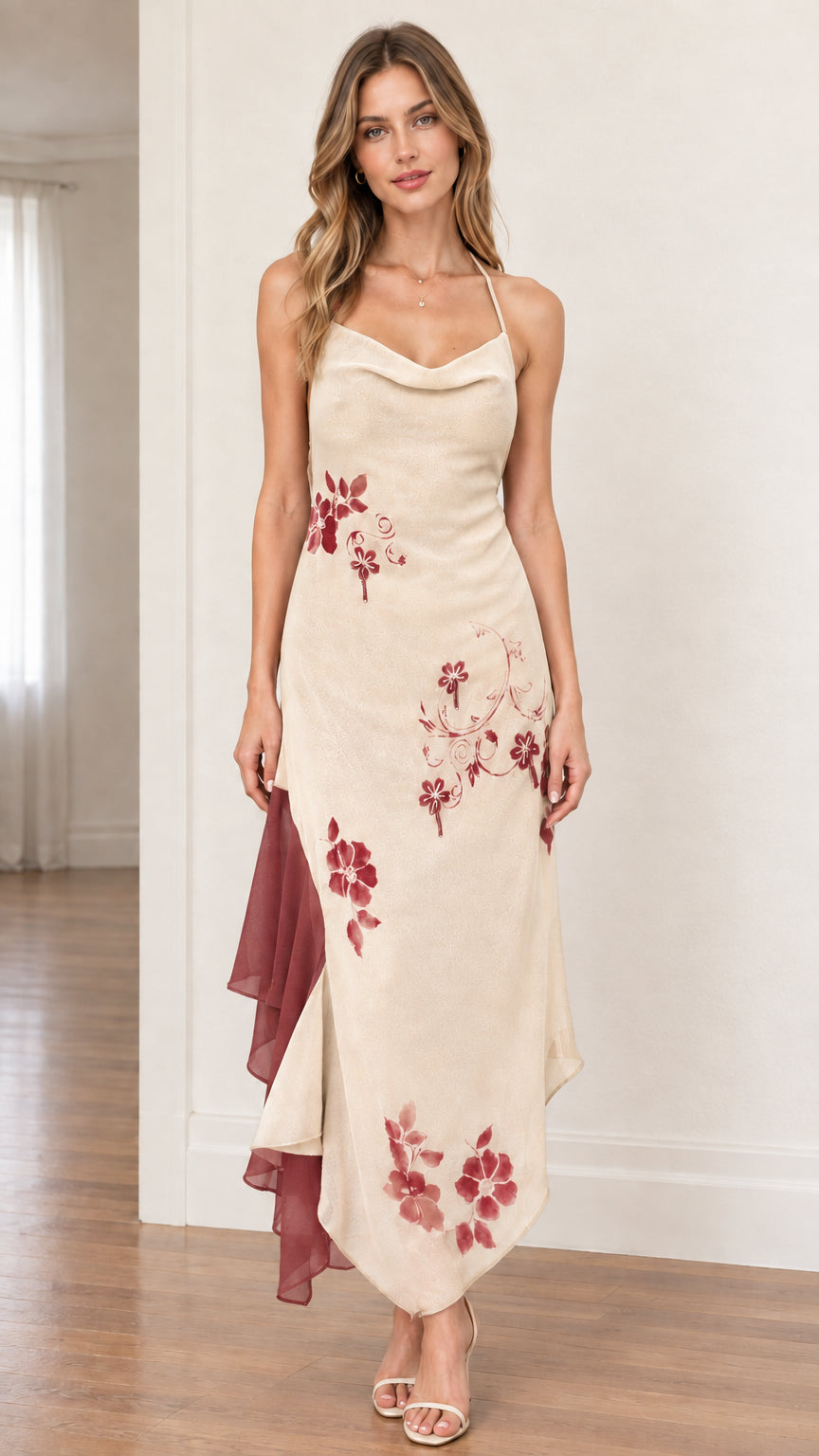 Model wearing champagne cream halter cowl neck asymmetrical dress with red floral details