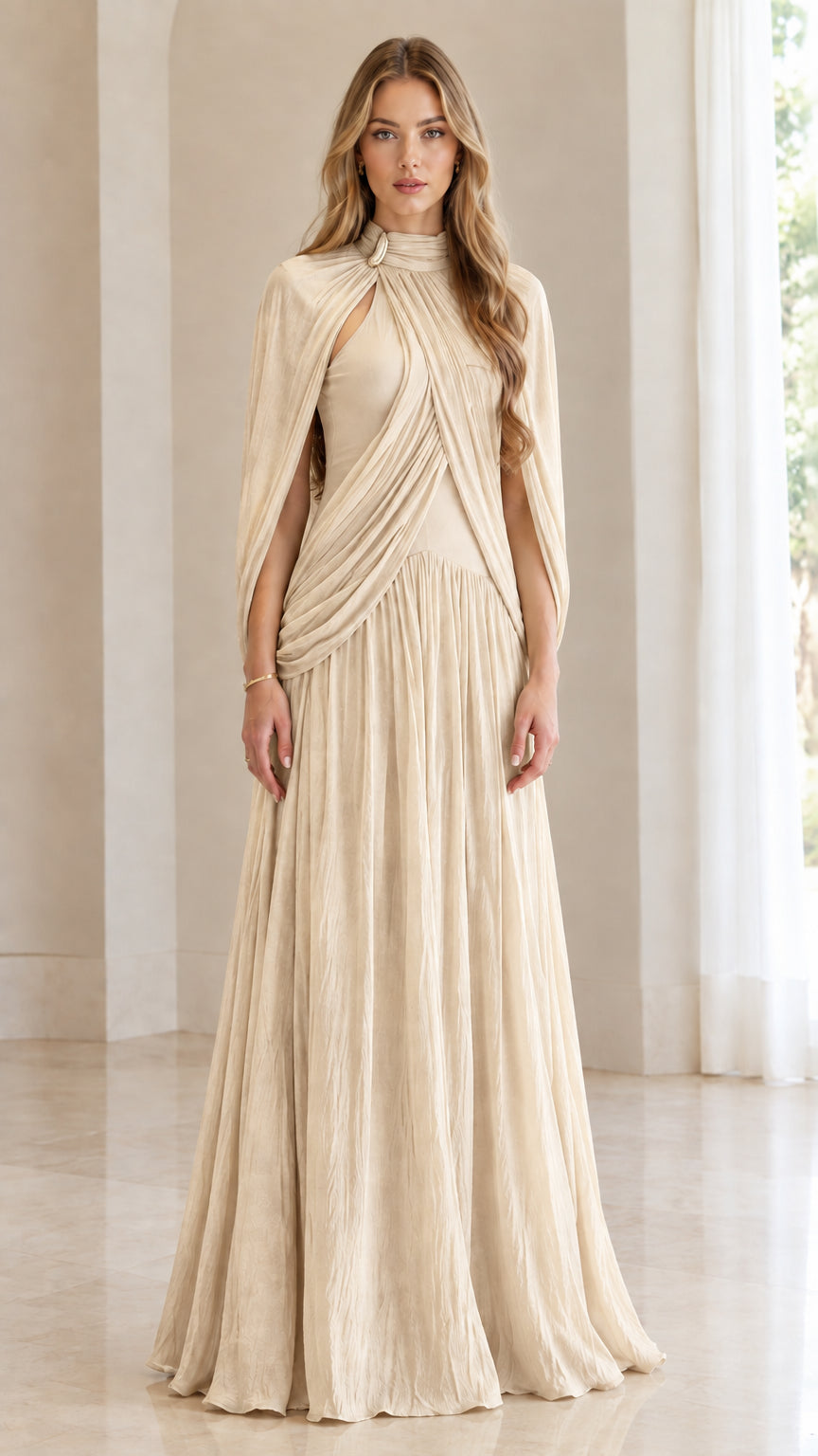 Front full-length view of woman wearing champagne cream pleated cape-sleeve formal gown