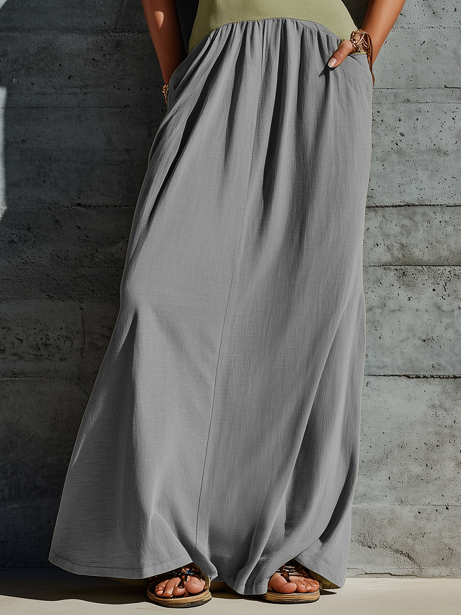Women’s Color Block Sleeveless Tank Maxi Dress, Front Cutout Contrast Binding Waist Gathered Side Pocket Long Dress MDZ1530F8T
