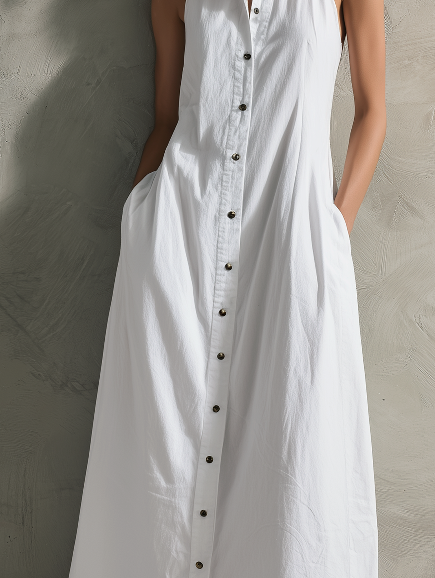 Women's Casual White Woven Sleeveless Collared Maxi Dress MDZ2619F4LXY