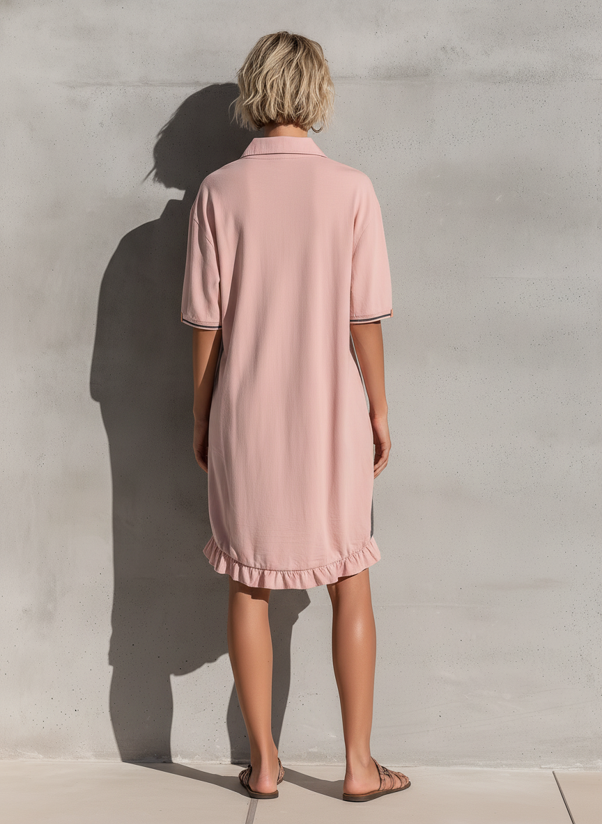 Women’s Dusty Pink Color Block Stripe Polo Collar Half Button Short Sleeve High Low Ruffle Hem Mini Dress MDZ1712F7T
