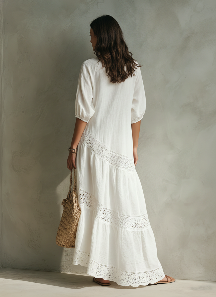Women's Casual White Woven Midi Dress With A Round Neck And Mid-length Sleeves MDZ2601F8LXY