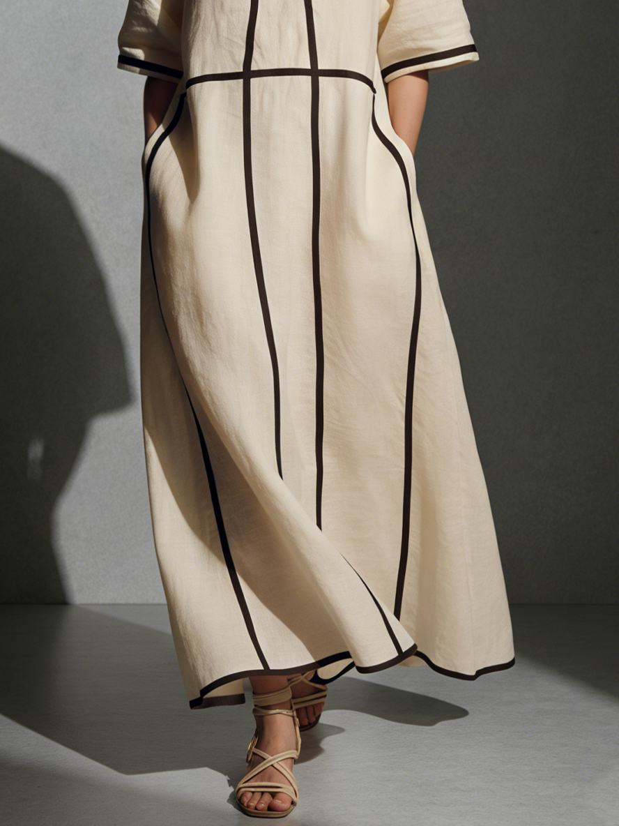 Women's Modern Linen Blend Beige Stand-Collar Half-Sleeve Contrast-Line Pocketed Maxi Dress MDA2924L4AU