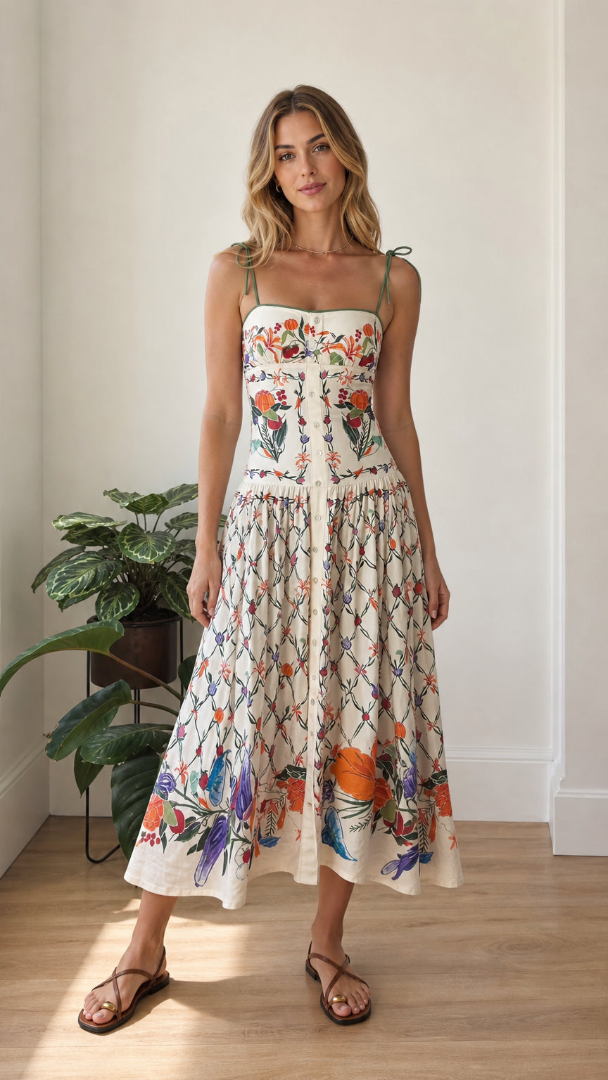 Front view of model wearing ivory botanical print corset midi dress with tie shoulder straps