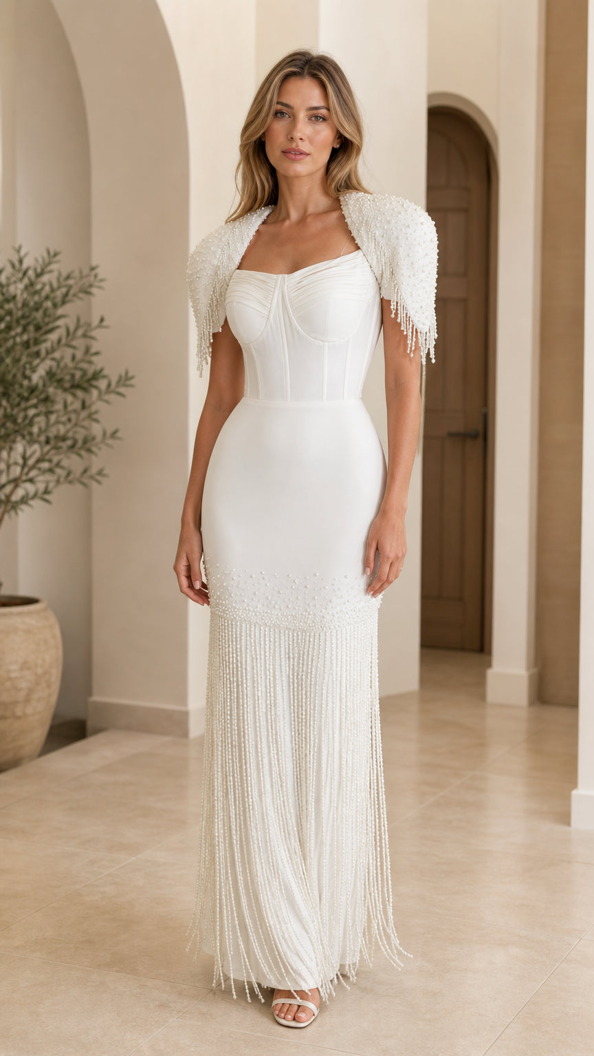 Front view of woman wearing white pearl-beaded fringe corset maxi dress with shoulder shrug