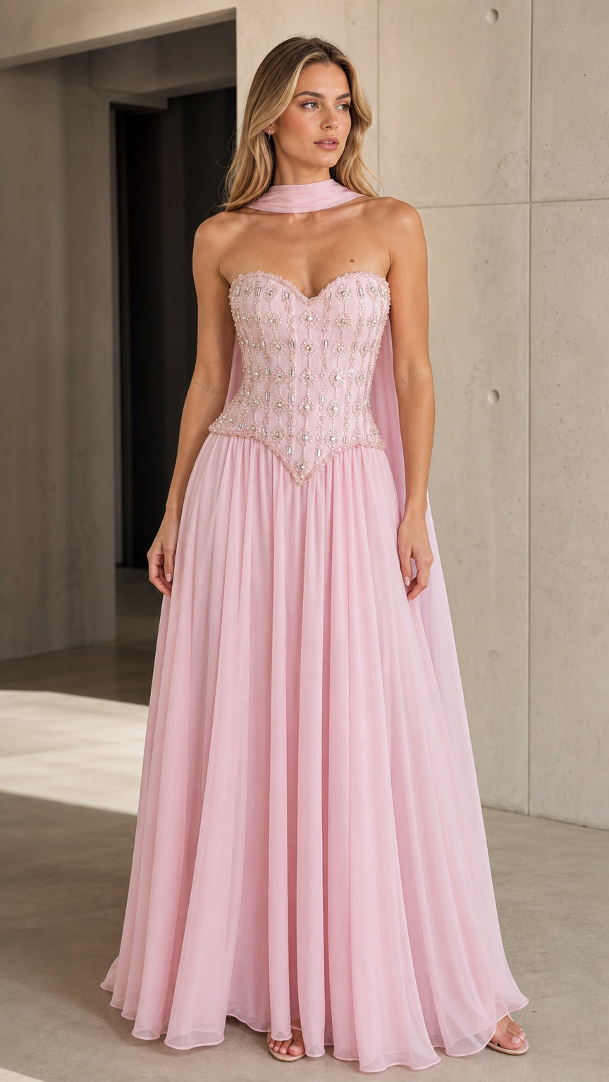 Model wearing Light Pink strapless beaded corset basque waist chiffon evening gown front view