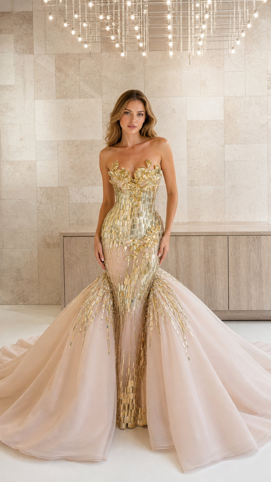Model wearing champagne nude strapless mermaid evening gown with gold floral beadwork and flared tulle skirt