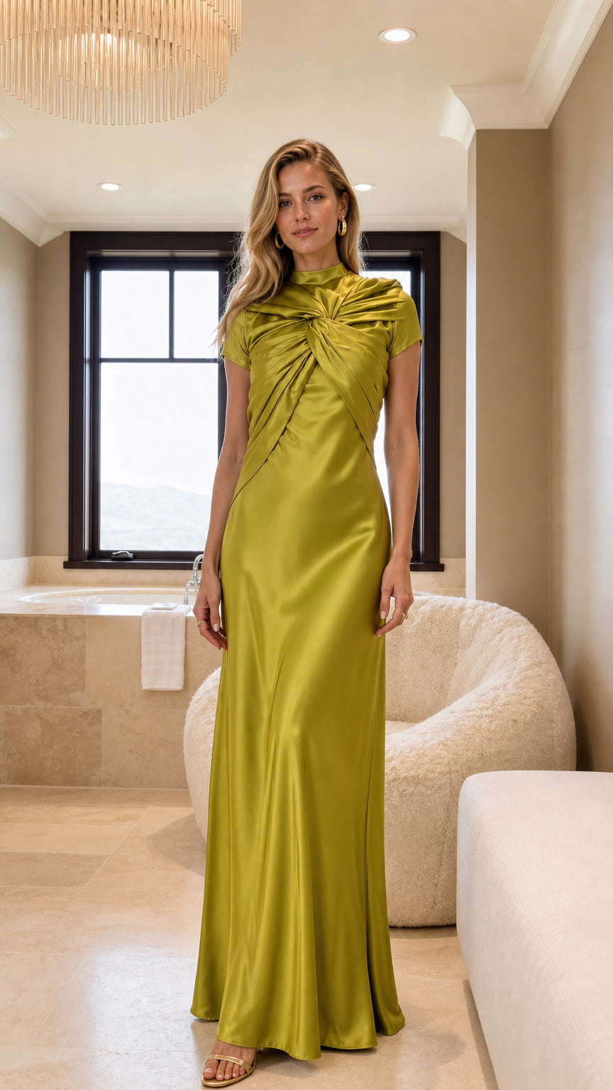 Olive green high neck twist front satin maxi dress front view
