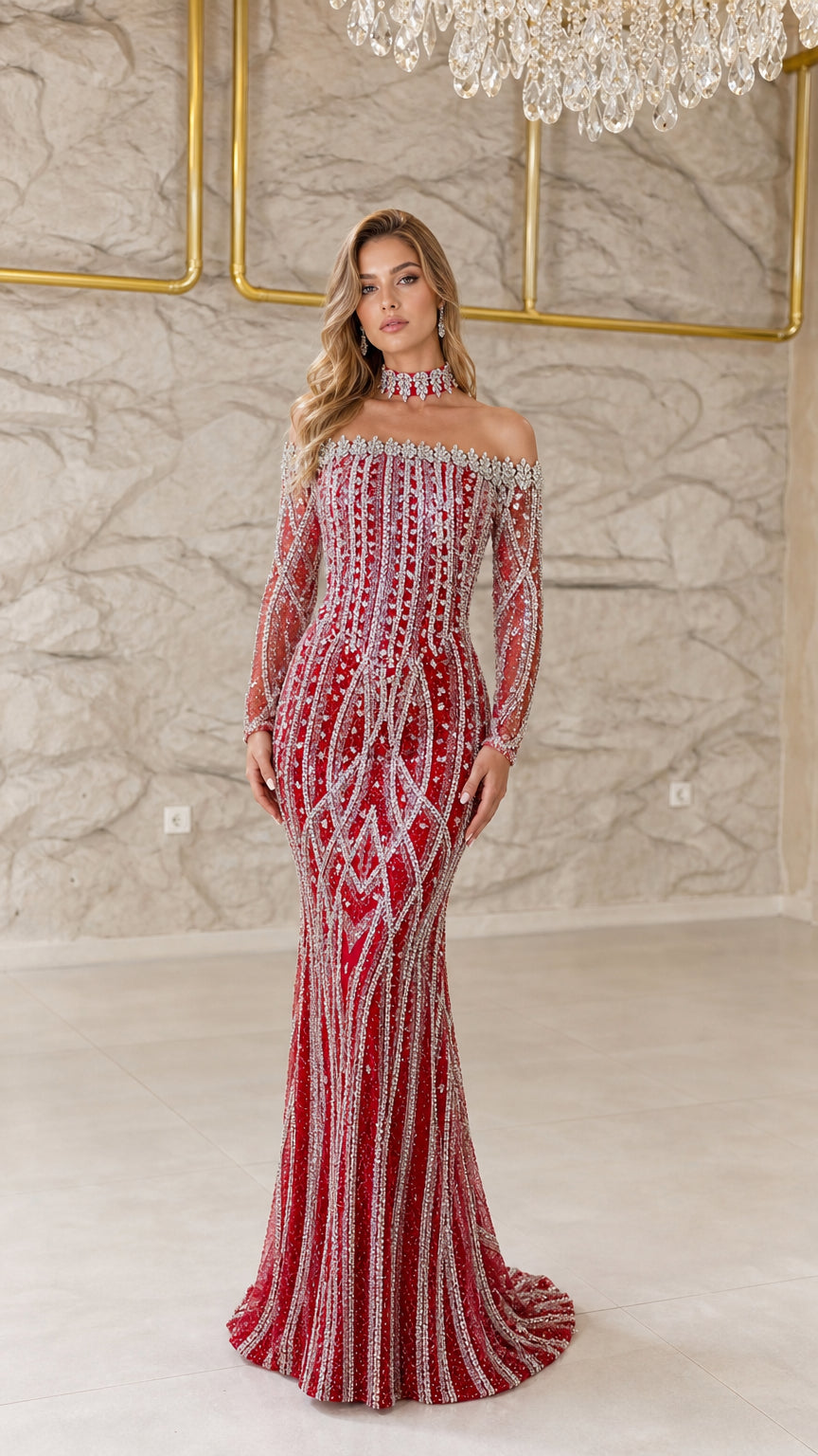 Front view of model wearing Ruby Red off-the-shoulder beaded mermaid evening gown