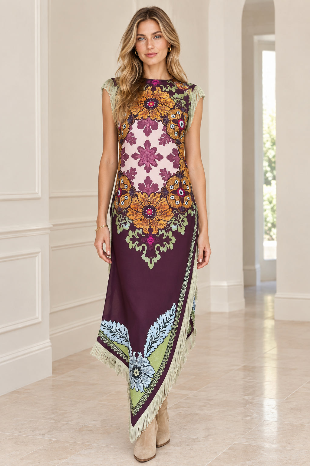 Front view of model wearing Plum bohemian medallion print sleeveless maxi dress with fringe trim