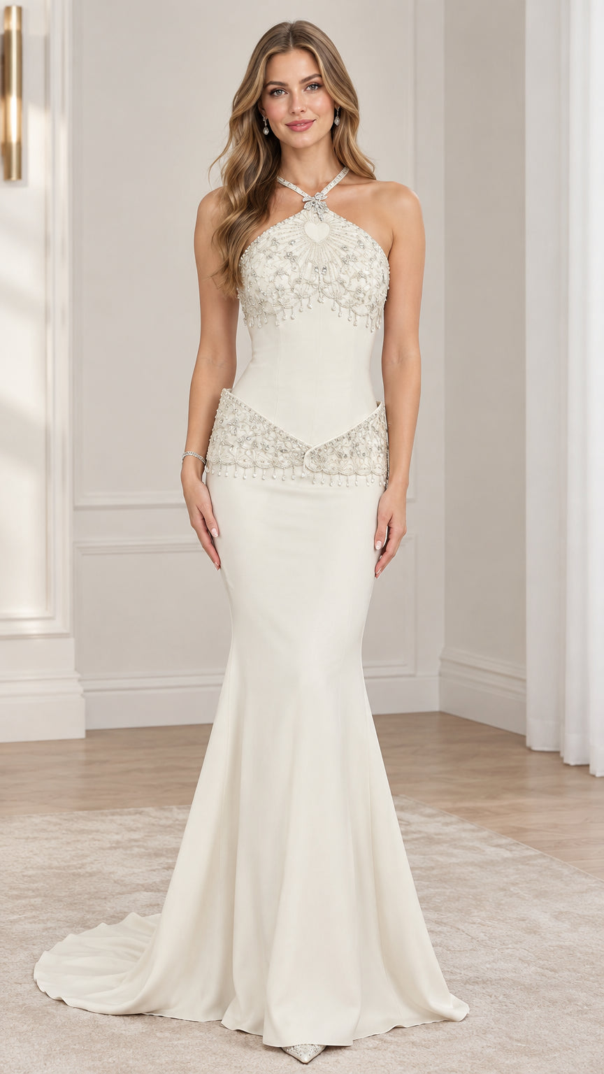 Full front view of model in ivory halter beaded mermaid evening gown