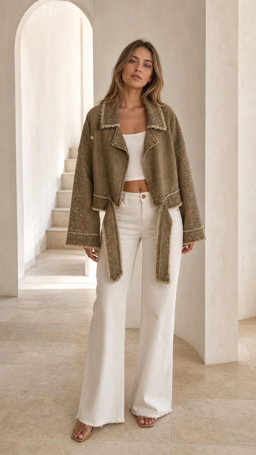 Front view of olive green rhinestone cropped jacket with fringe trim and waist tie