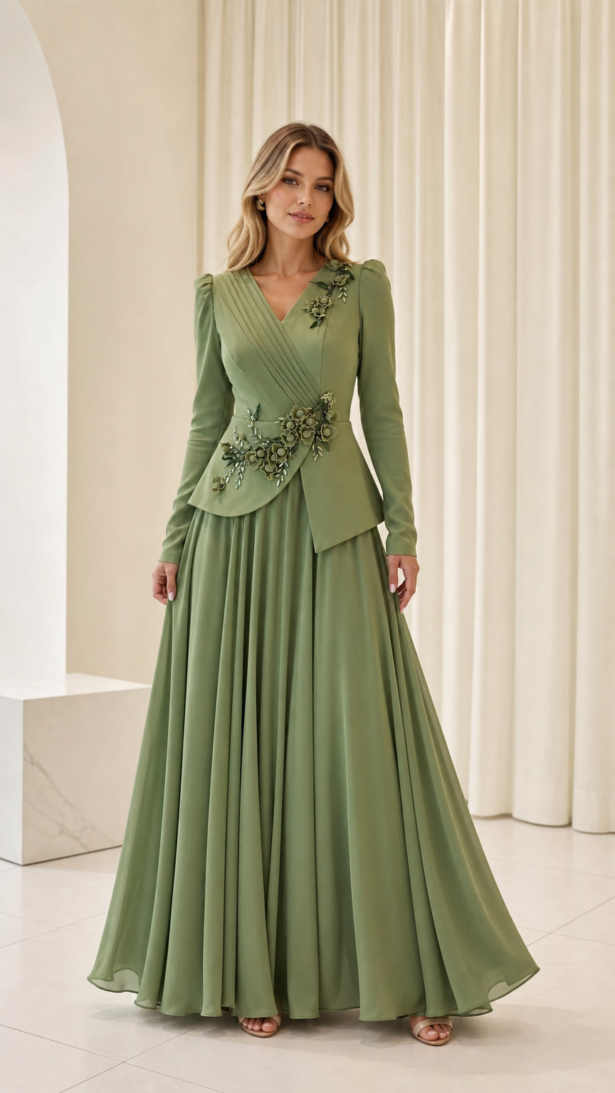 Front view of woman wearing sage green long sleeve floral beaded peplum maxi evening dress