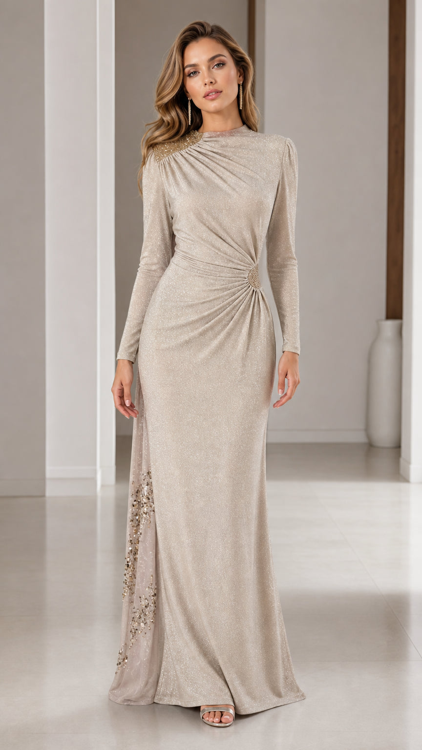 Champagne long sleeve shimmer evening gown with ruched waist front view