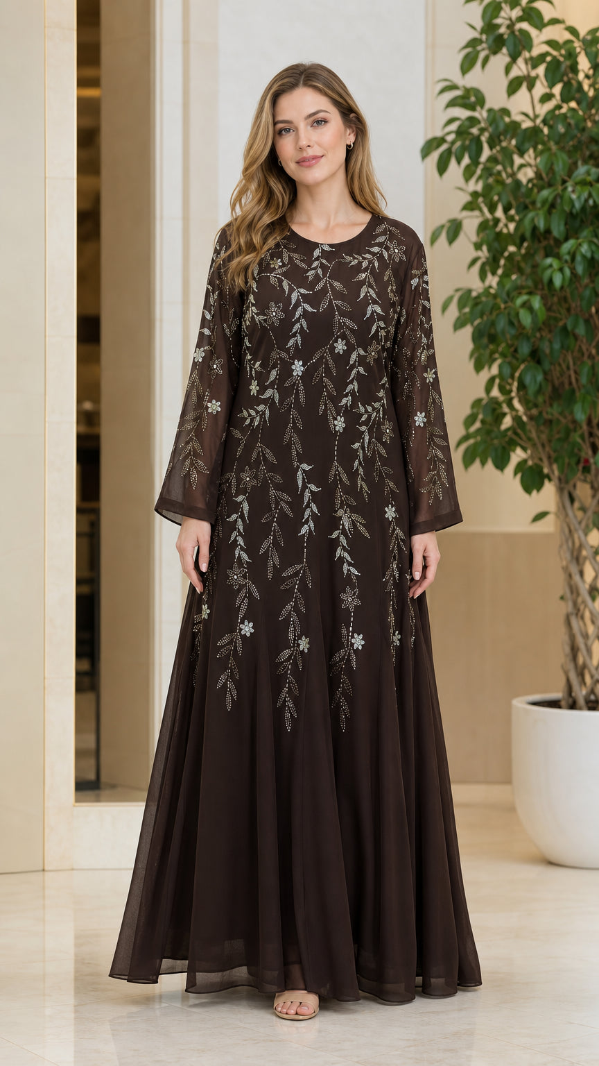 Front full-length view of model wearing the Coffee brown rhinestone embellished chiffon maxi dress