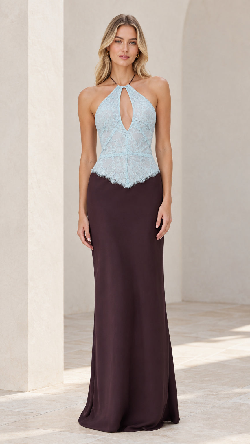 Front view of model wearing Sky Blue and Plum halter keyhole lace bodice maxi dress