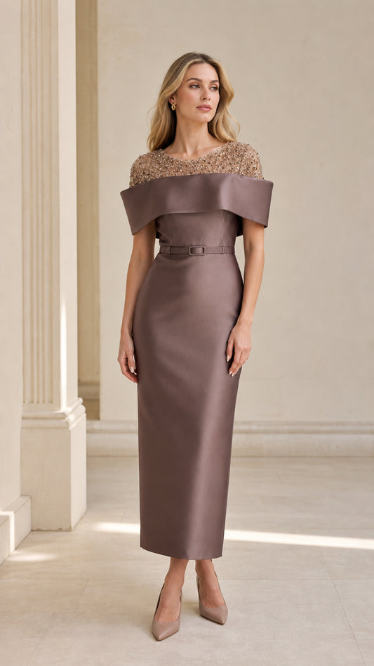 Front view of taupe sequin off-the-shoulder evening dress