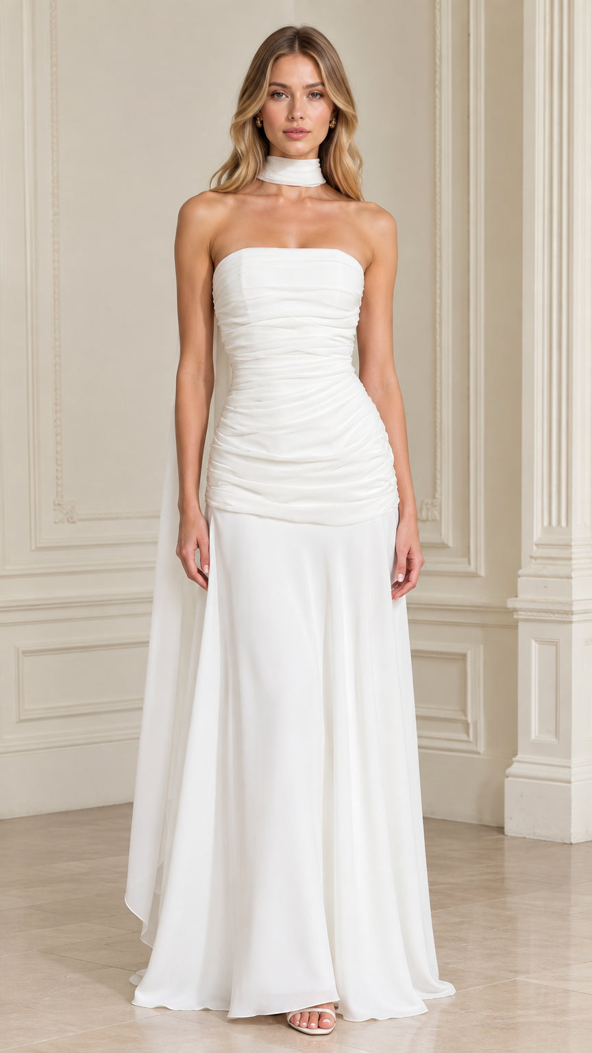 White strapless ruched maxi evening gown with matching choker scarf front view