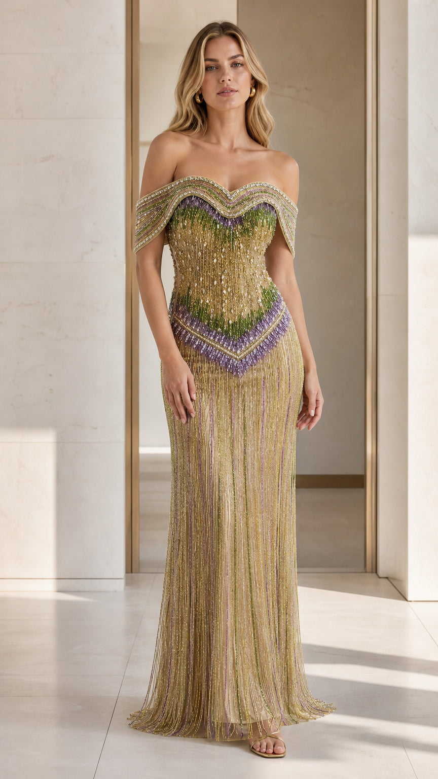 Front view of model wearing gold off-shoulder beaded evening gown