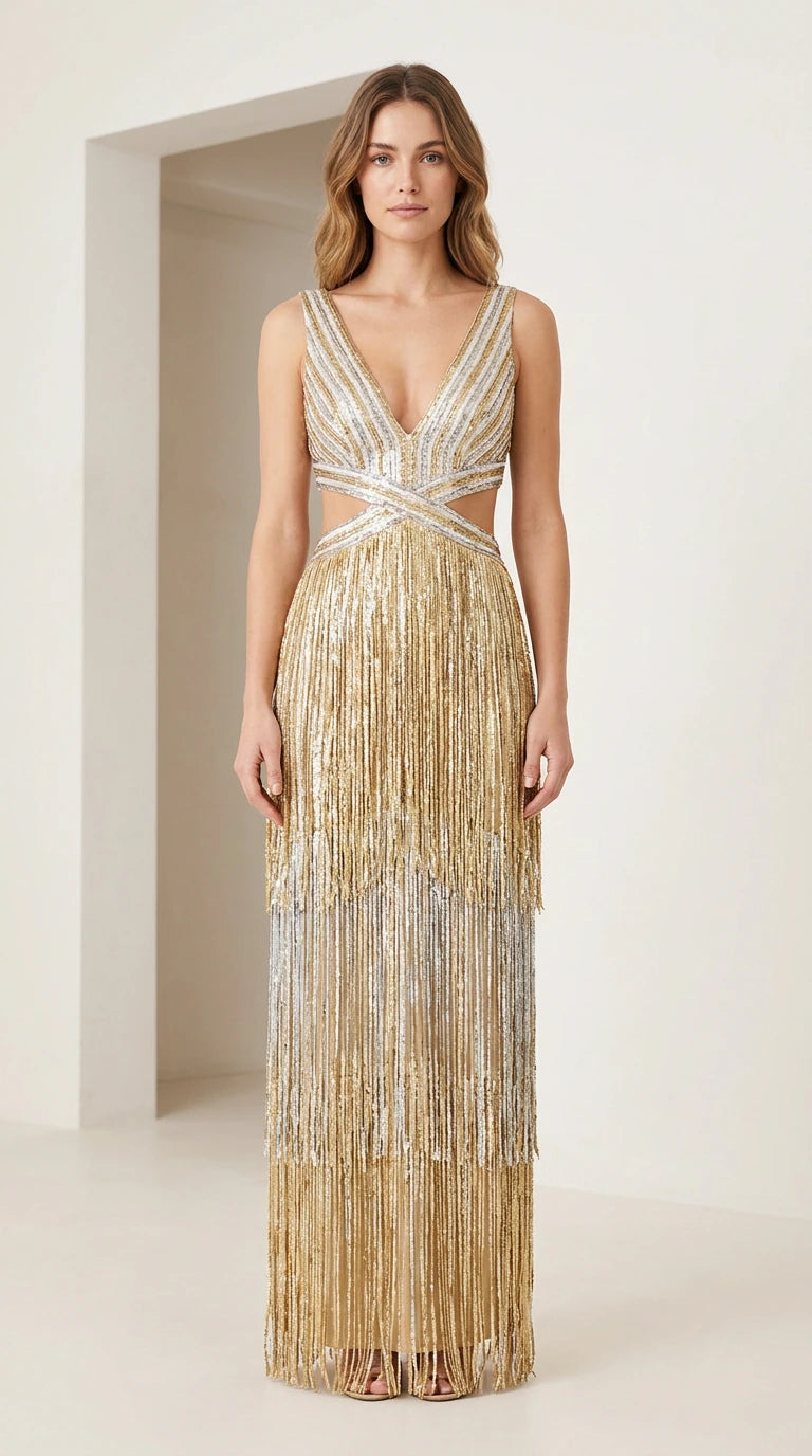 Front view of model wearing gold tiered metallic fringe maxi dress with deep V-neck and cutouts