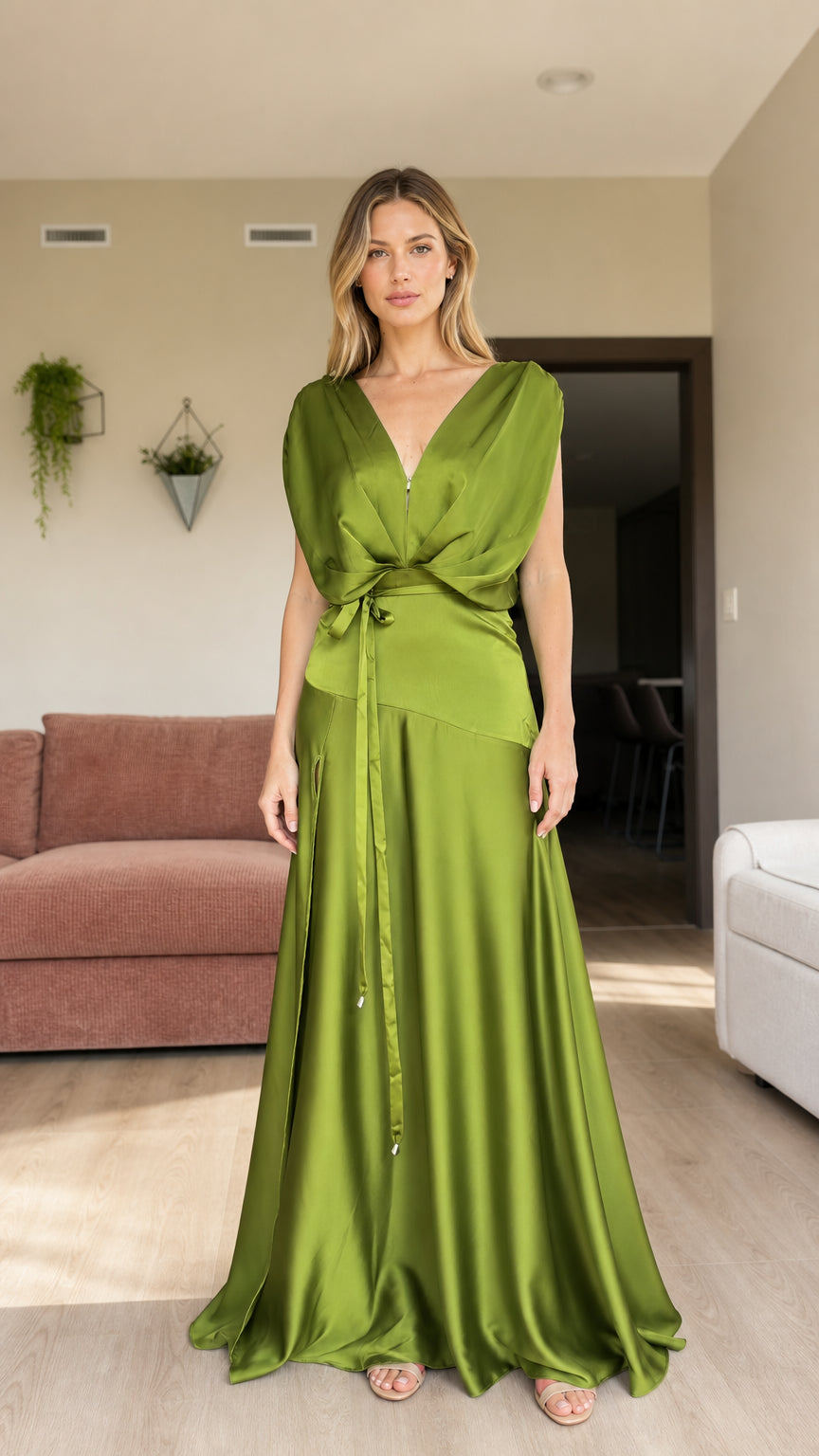 Front view of woman wearing olive green draped satin V-neck maxi dress with waist tie