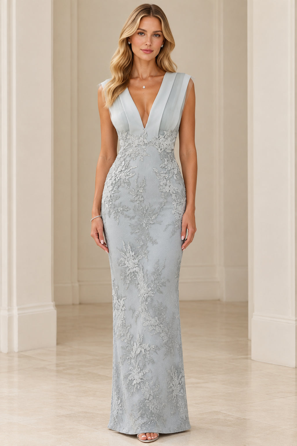 Front full view of Ice Blue pleated V-neck floral embroidered lace evening gown
