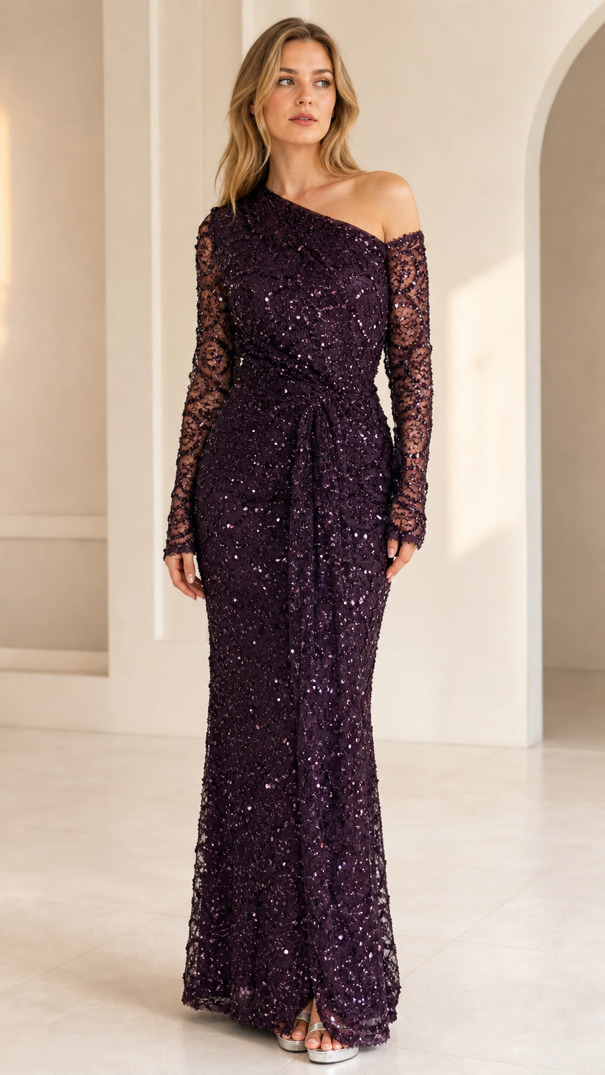 Front view of woman wearing plum sequin lace one-shoulder evening gown