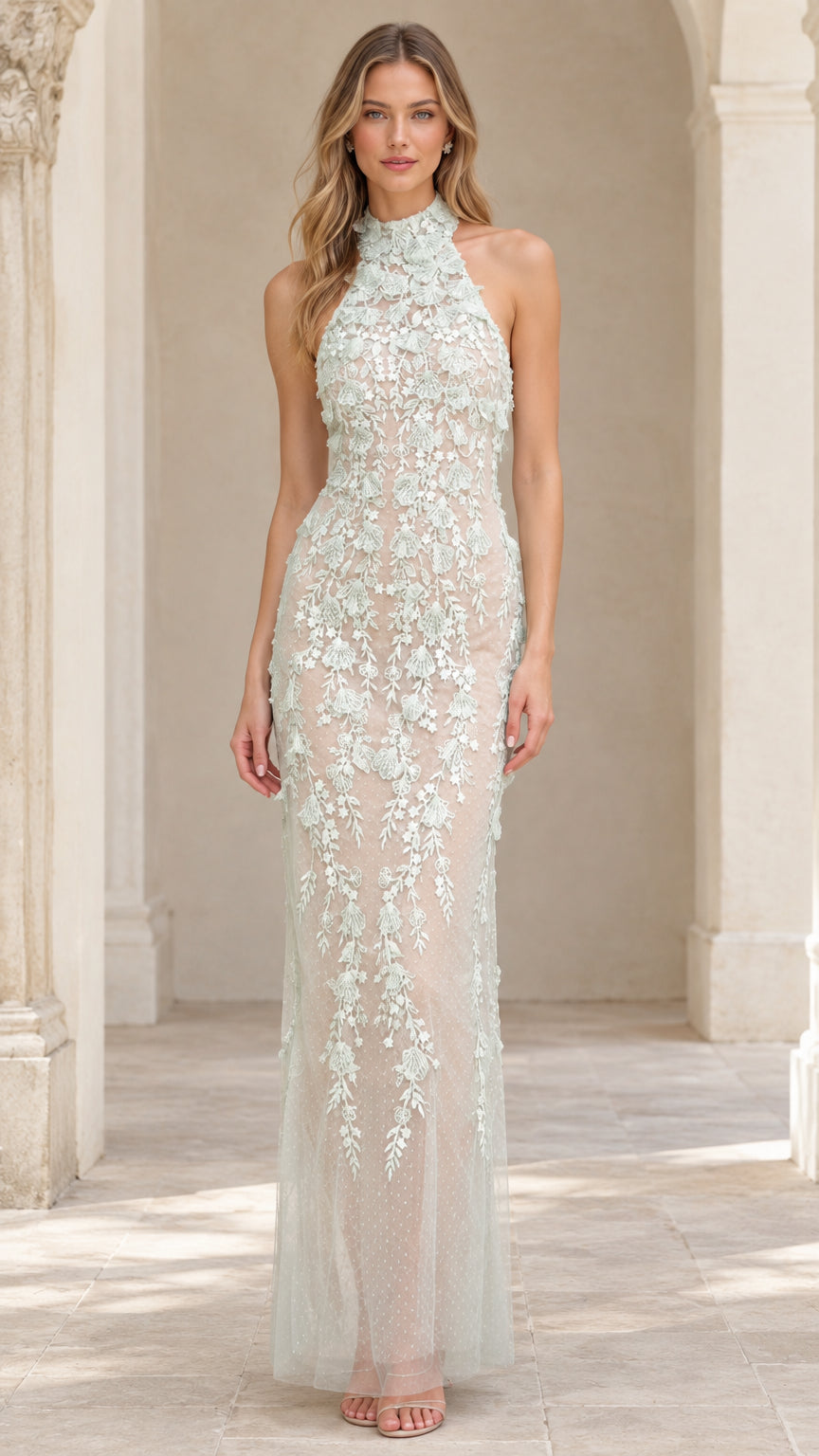 Front view of model wearing Sage Green 3D floral applique halter neck maxi evening gown