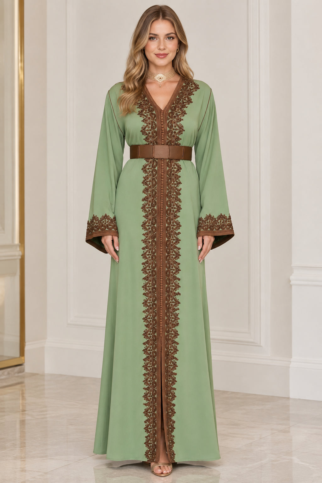 Sage green embroidered caftan maxi dress with brown belt front view