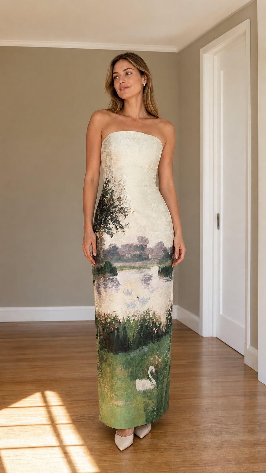 Front view of model wearing ivory strapless scenic jacquard column maxi dress with lake and swan landscape