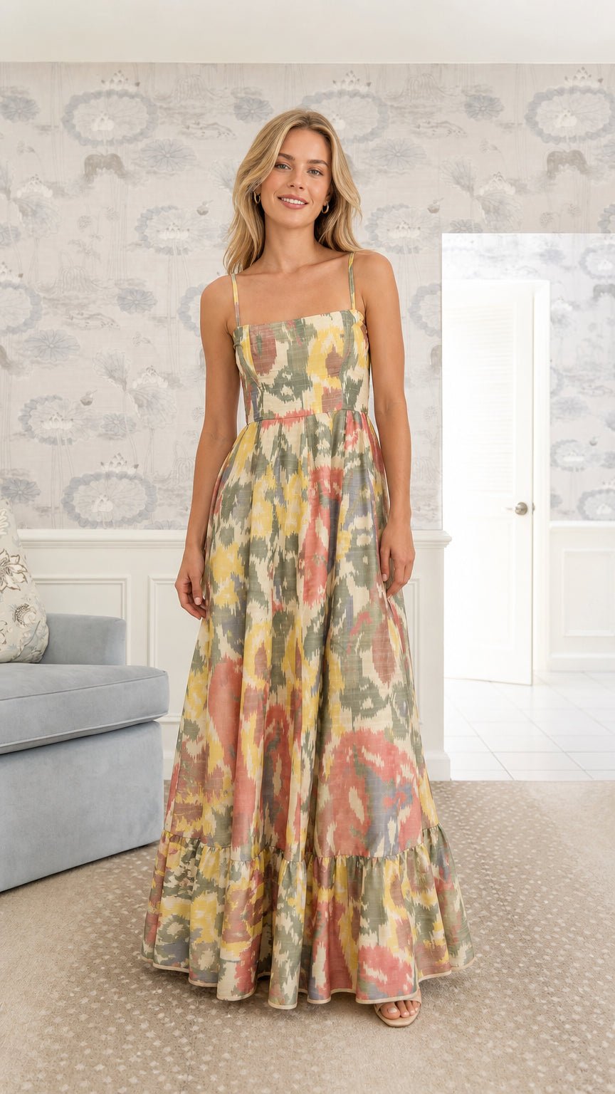 Front view of model wearing Sage Multi abstract ikat square neck maxi dress