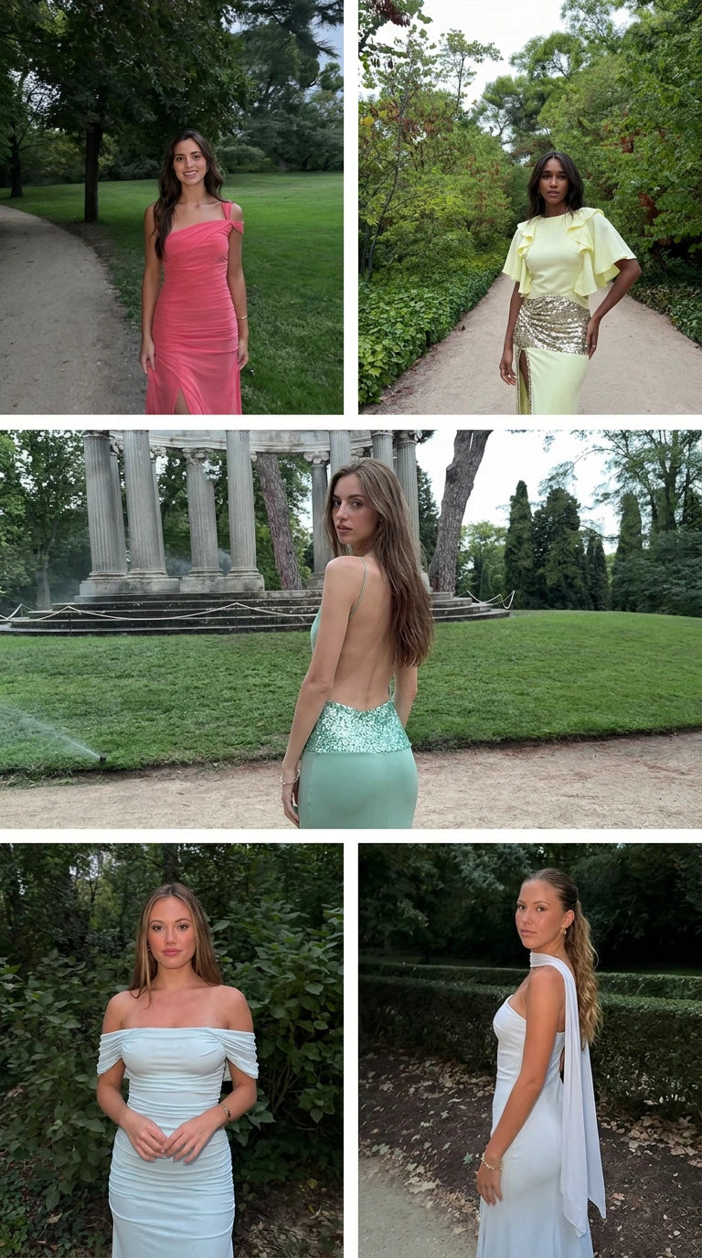 Collage of model and mannequin views featuring the one-shoulder ruched maxi evening gown