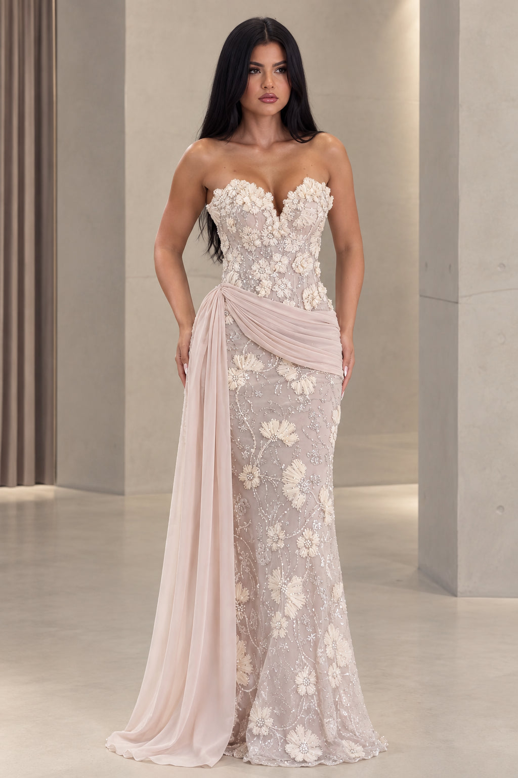 Blush pink strapless floral applique mermaid evening gown with side drape front view