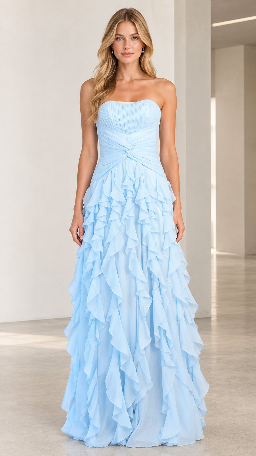 Front view of model wearing sky blue strapless tiered ruffle maxi evening gown