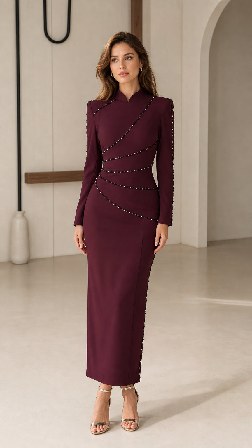 Burgundy long sleeve sheath maxi dress with stand collar and beaded trim front view