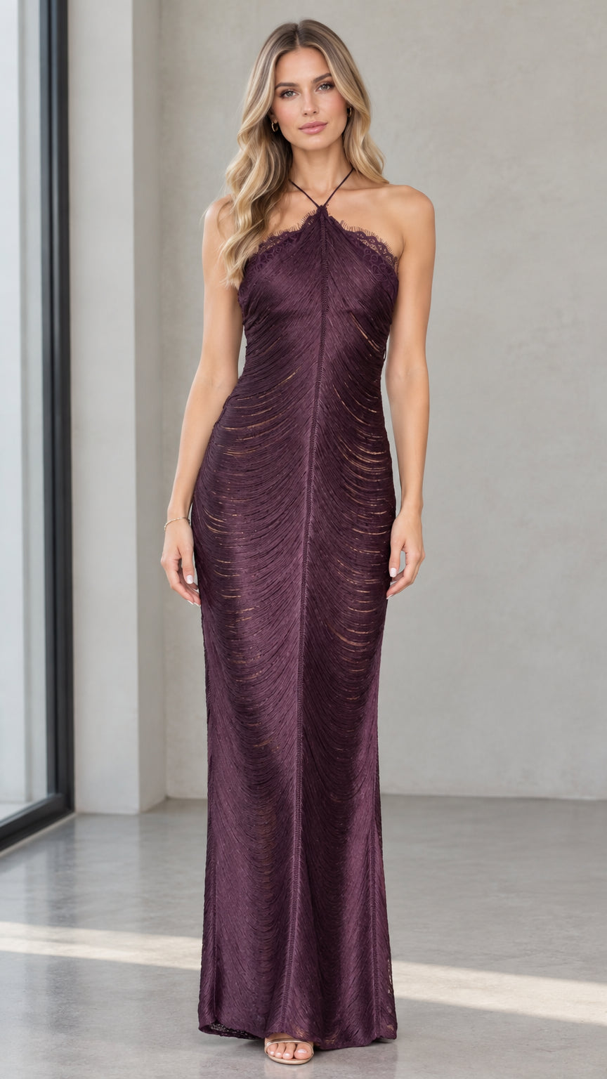 Front view of model wearing halter neck eyelash lace textured maxi dress in Deep Plum