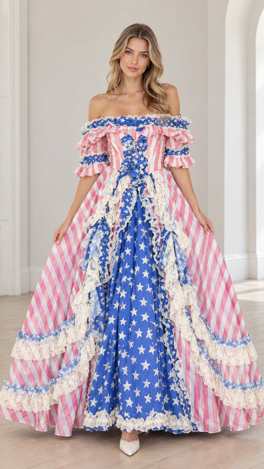 Front view of model wearing pink and blue star and stripe off-the-shoulder Victorian ball gown