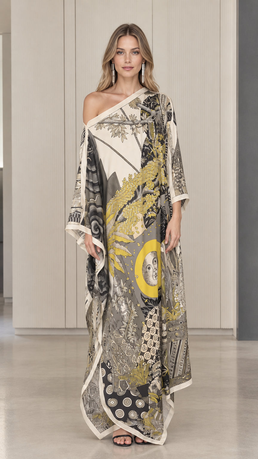 Front view of model wearing ivory one-shoulder celestial print kaftan maxi dress