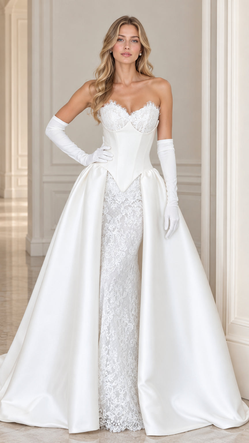 Front view of model wearing white strapless corset gown with lace underlay and satin overskirt