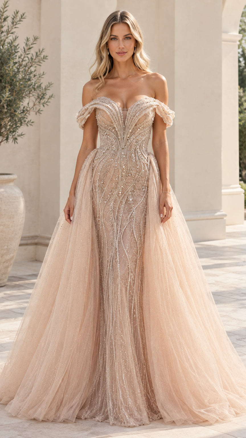 Champagne off-the-shoulder beaded evening gown with tulle overskirt front view